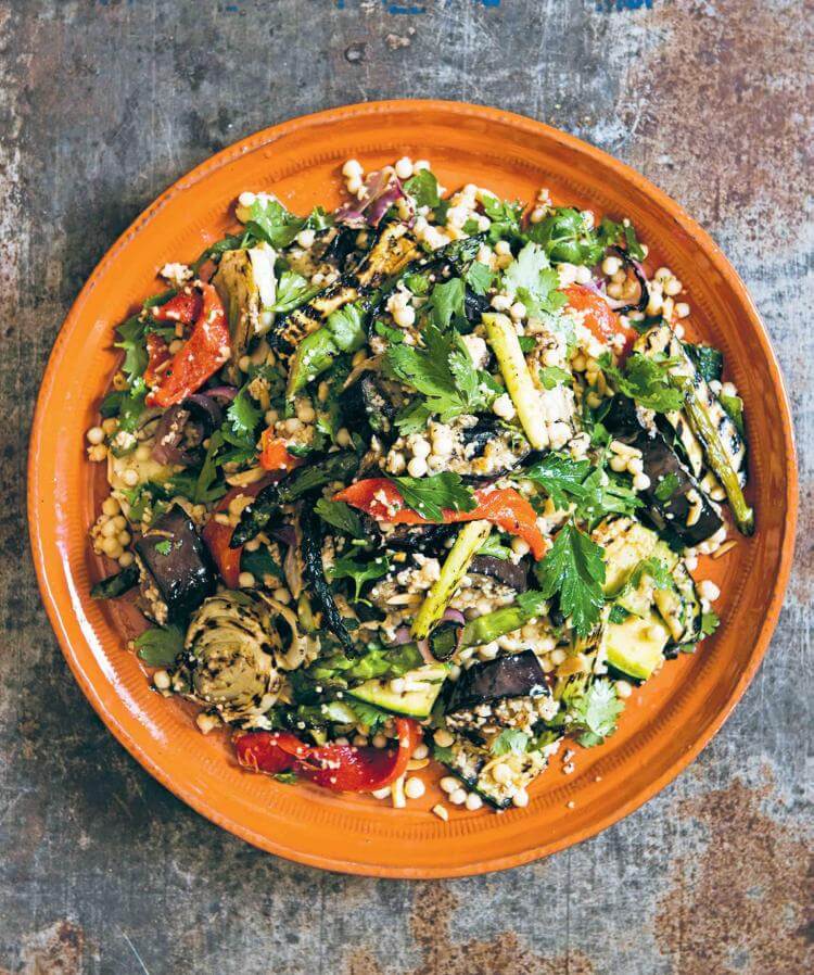 Chargrilled vegetable salad with couscous, spiced coconut yoghurt and almonds