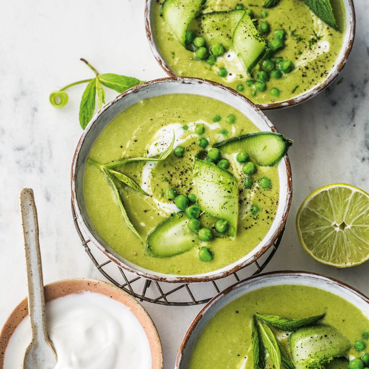 Minted pea, spinach, and cucumber soup
