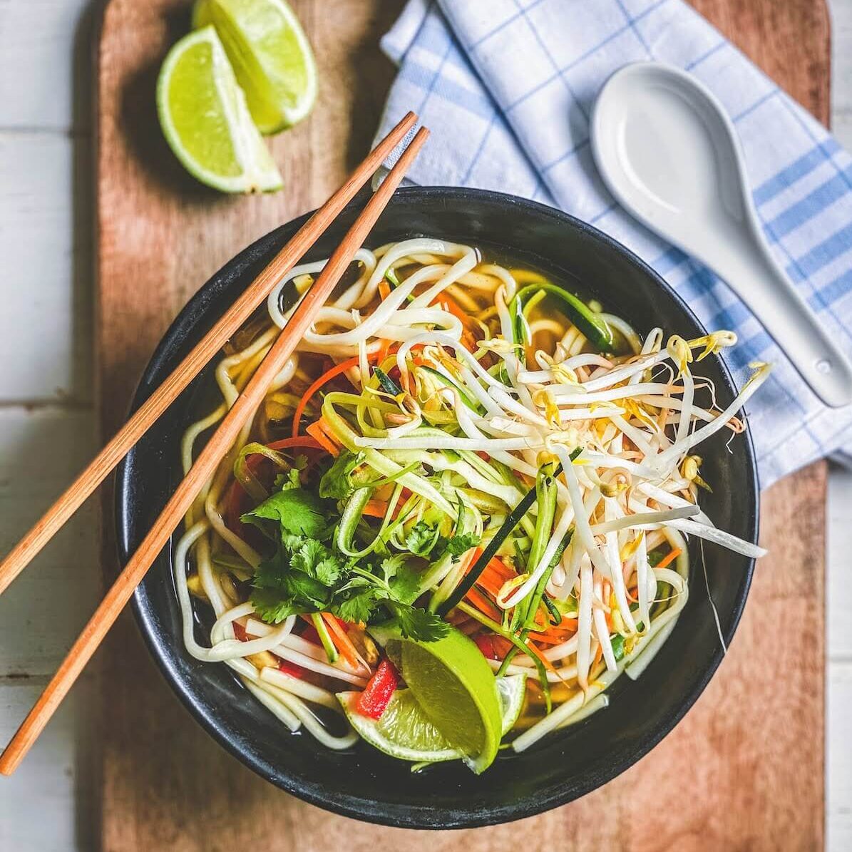 Noodles and veg in spicy vegan broth