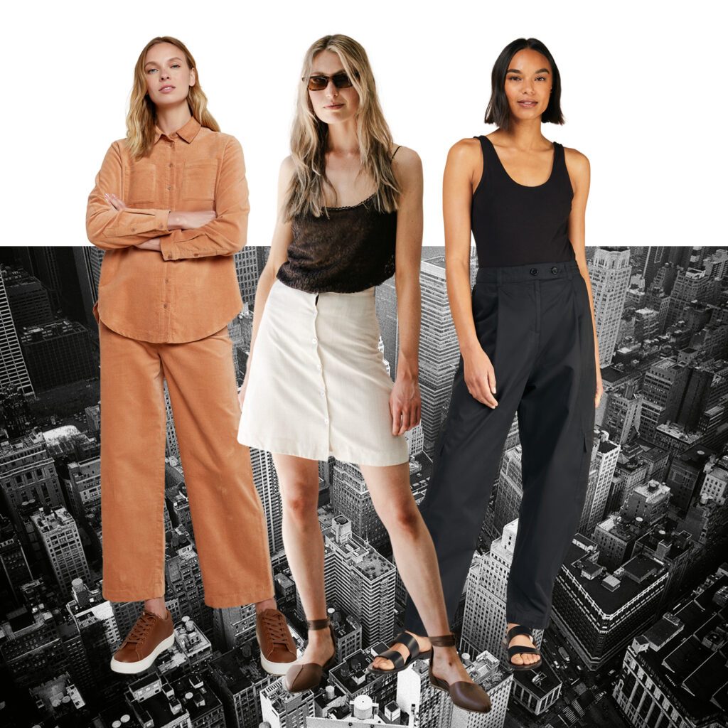 Three female models from left to right wearing: People Tree, Amaira Velvet Shirt and Paula Velvet Trousers in Camel, from $49 and $52; Zette Shoes, Giselle Flat in Cognac, $179; People Tree, Alexandra Trousers in Black, from $154.