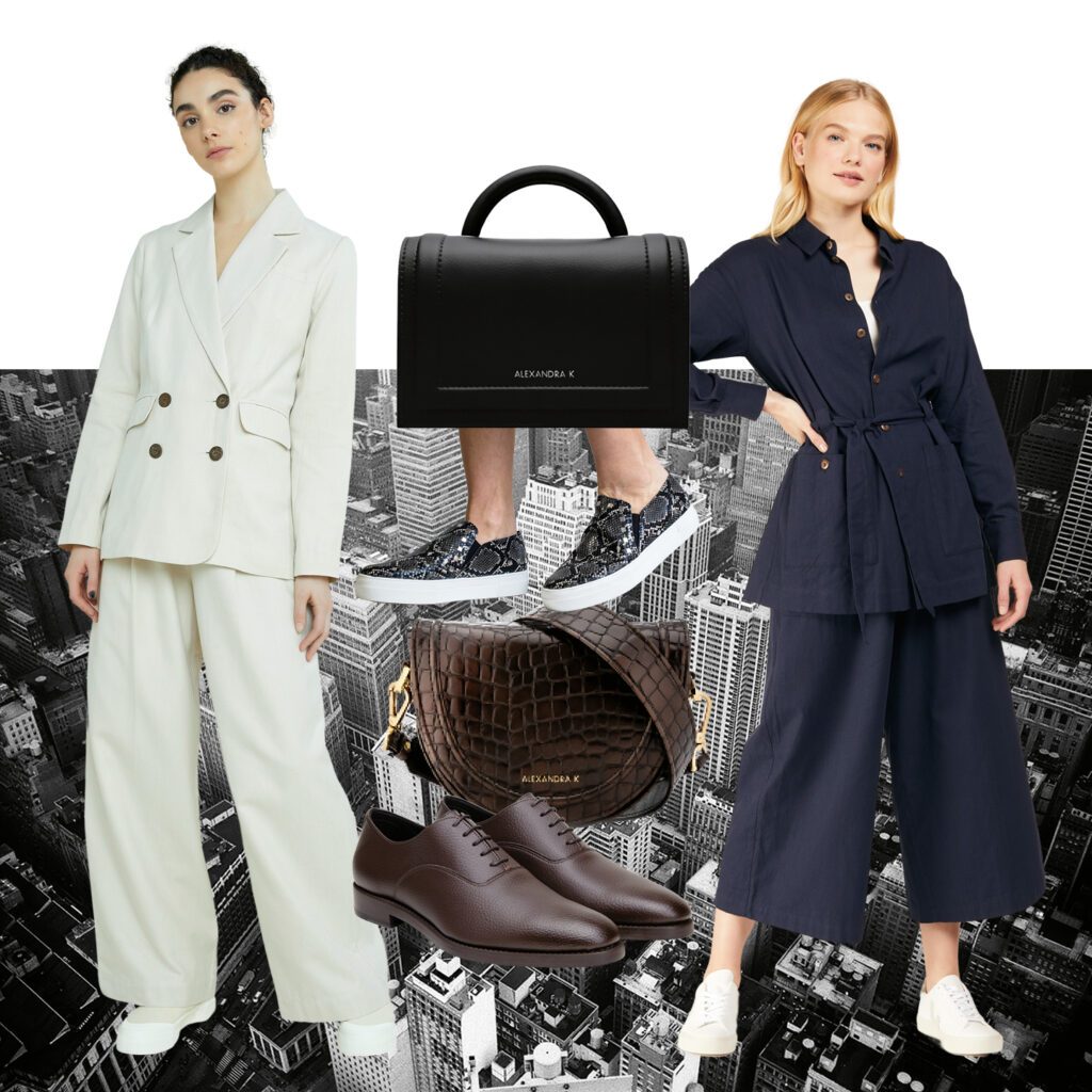 Model, left, in white suit (People Tree, Flora Wide Leg Trousers in Natural, from $172); Centre, from top down: black bag (Alexandra K, Hope in Black Ink, from $409); grey patterned shoes (Allkind Vegan, Hayley with Stud Detail in Black, from $116); brown bag (Alexander K, Joy Midi in Mokka Croco, from $424); brown shoes (Brave GentleMan, Executive in Espresso, from $410); Model on right in navy suit (People Tree, Shreya Jacket and Gianna Trousers in Navy, from $234 and $197)