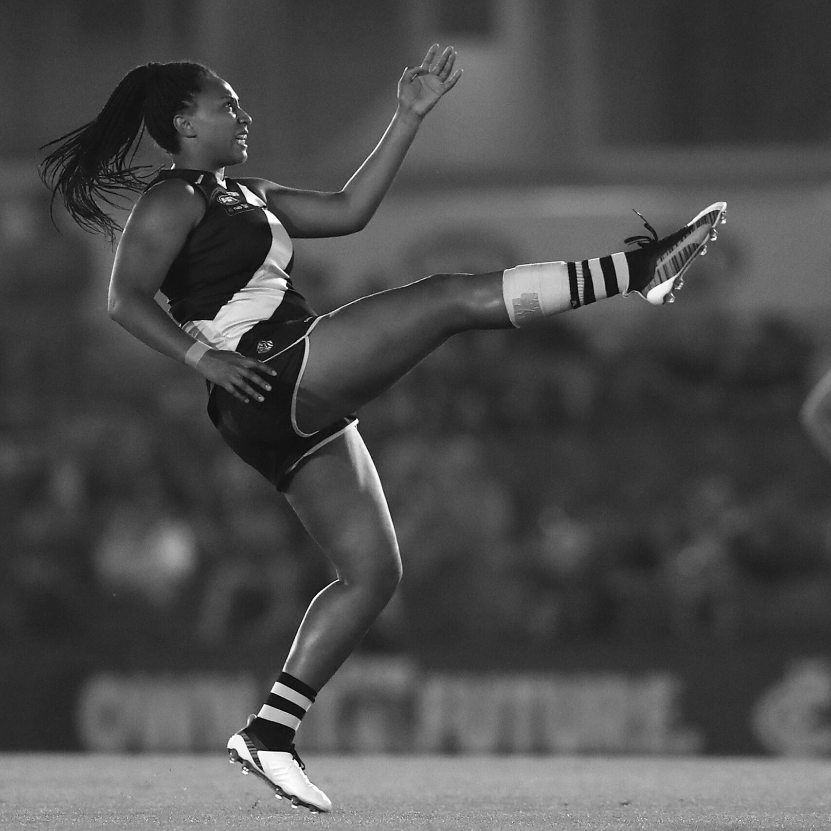 MELBOURNE, AUSTRALIA - FEBRUARY 07: Sabrina Frederick of the Tigers kicks a goal during the round one AFLW match between the Richmond Tigers and the Carlton Blues at Ikon Park on February 07, 2020 in Melbourne, Australia. (Photo by Kelly Defina/Getty Images via AFL Photos)