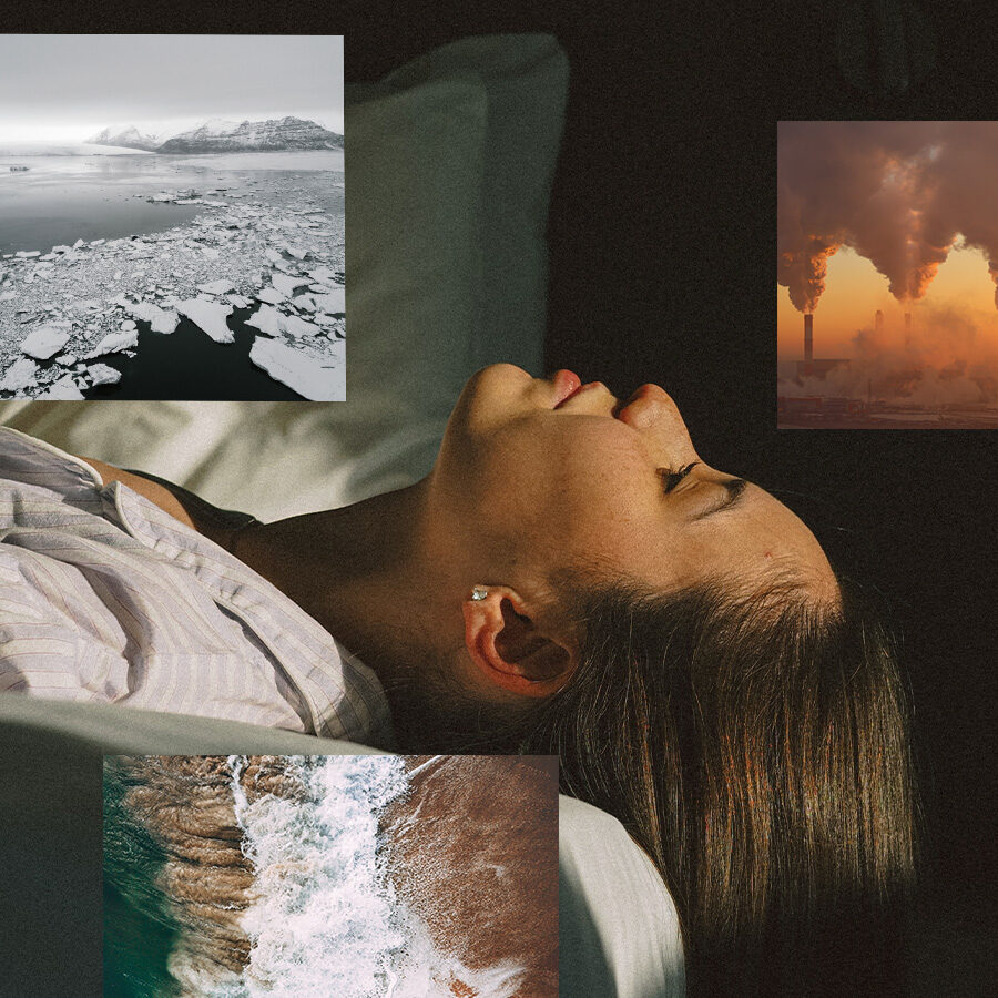 Woman contemplating melting glaciers, forest fires, sea-level rise